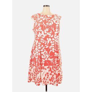 Adorne Coral White Leaf Print Sleeveless‎ Midi Dress Size 22W 3X Plus Summer